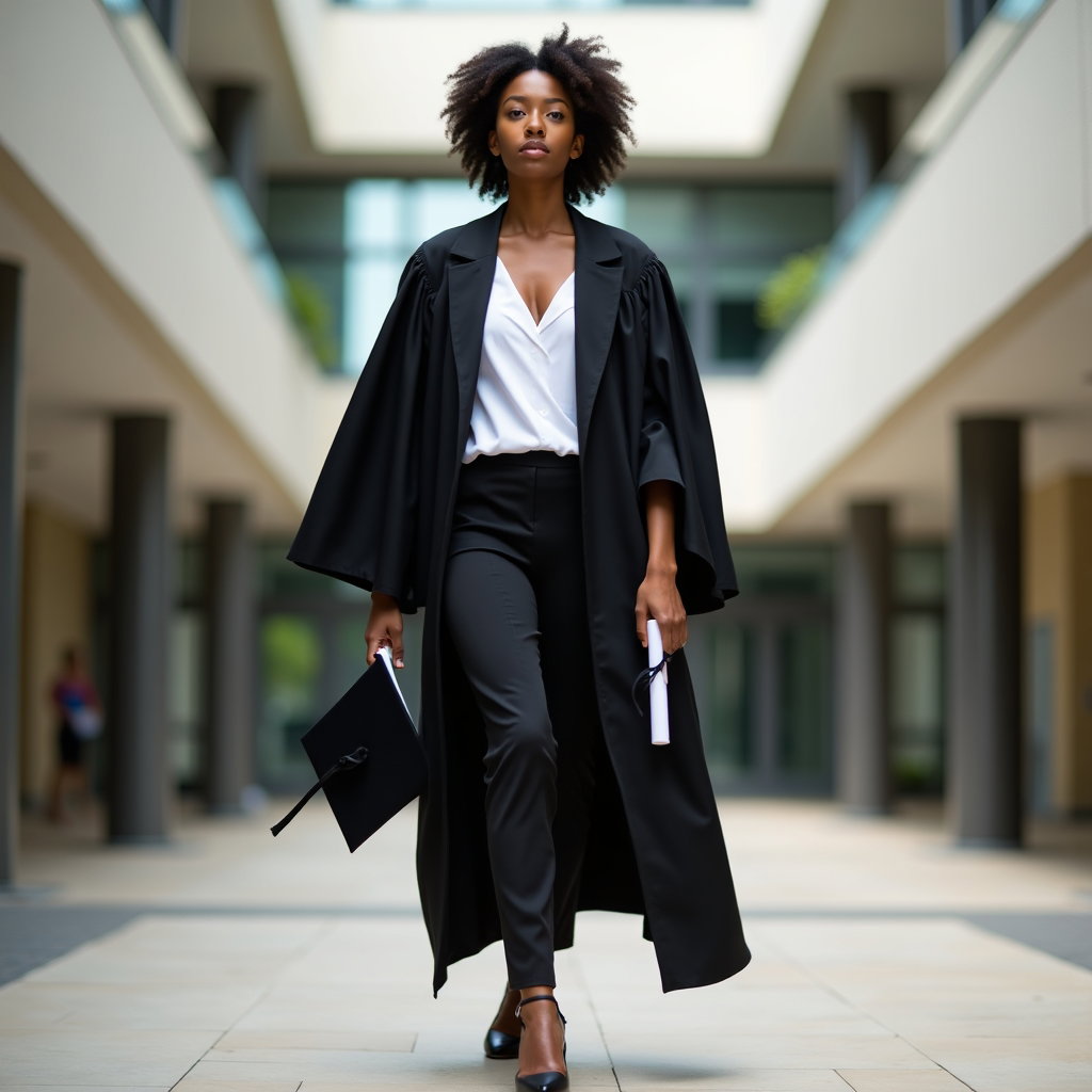 AI-generated photo: Fashion editorial photography, a confident graduation portrait of a person walking forward with purp...