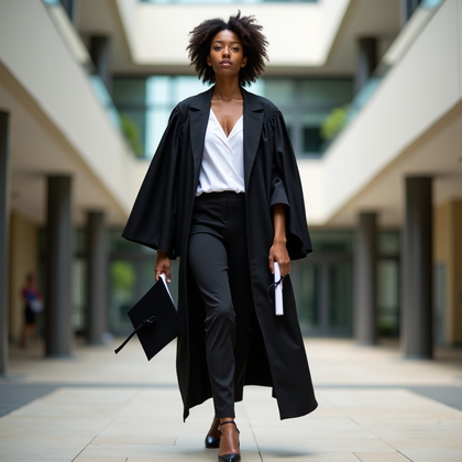 AI-generated photo: Fashion editorial photography, a confident graduation portrait of a person walking forward with purp...