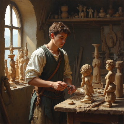 AI-generated photo: Renaissance oil painting. An intricate portrayal of a young artisan at work in a bustling Renaissanc...