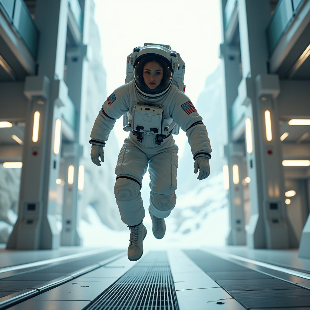 AI-generated photo: Cinematic photorealistic sci-fi lifestyle photography. Within a spacious lunar habitat atrium, the s...