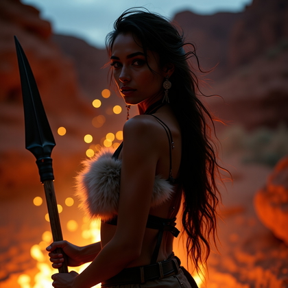 AI-generated photo: Photorealistic cinematic portrait photography at a sandstone canyon fire ring at dusk, where the bla...