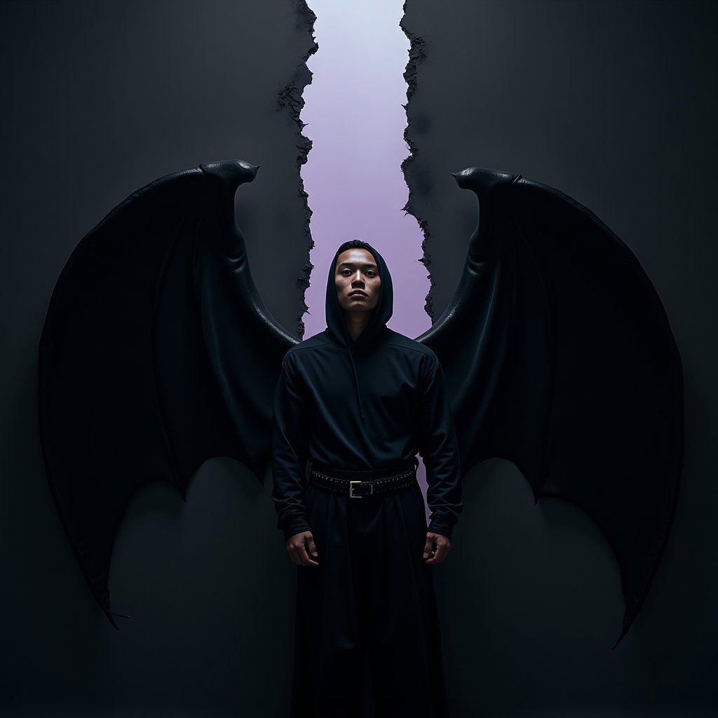 Dark Studio Silhouette Hunter Portrait example: Photorealistic dark fantasy portrait photography. Unexpected creative variation showing the subject emerging through a v
