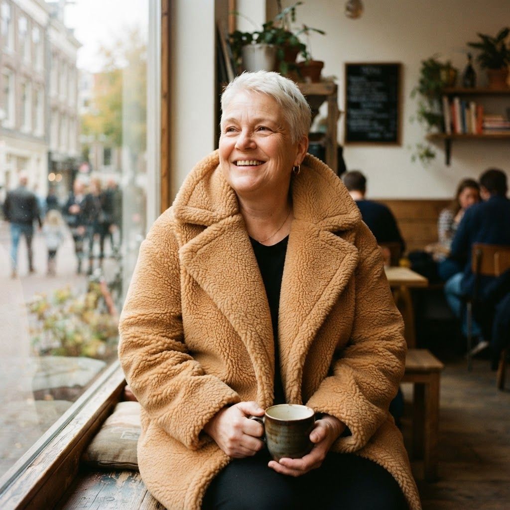 Oversized Collar at a City Café: Slightly elevated, seated waist-up portrait on a window bench in a compact city café.