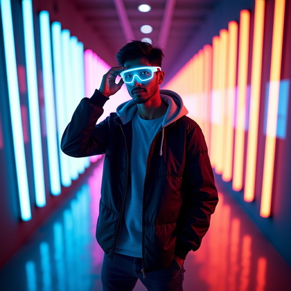 AI-generated photo: Photorealistic neon gel portrait photography. Dynamic mid-torso portrait with the subject standing i...