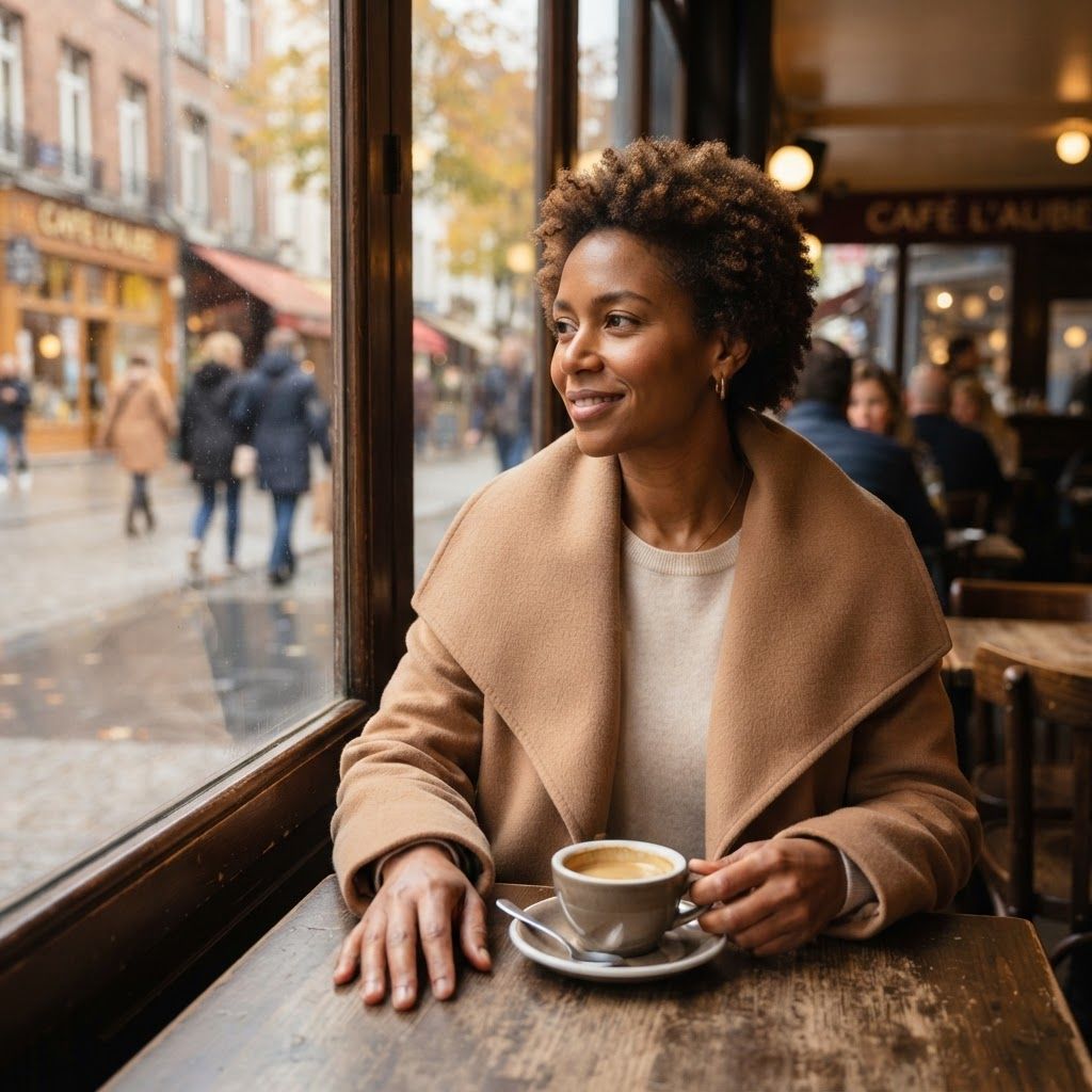 Oversized Collar at a City Café: Seated waist-up portrait in a city café window booth.