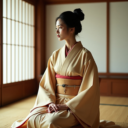 AI-generated photo: Fashion editorial photography, a traditional kimono portrait in a serene tatami room with shoji scre...