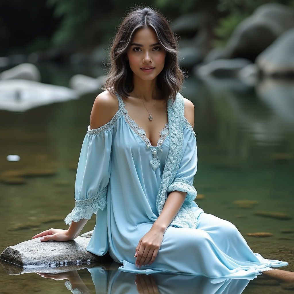 Reflet au bord du ruisseau : photo personnelle douce au style éditorial d’une seule personne visible, assise très bas sur un rocher de rivière lisse là où le ruisseau s’élargit en bassin immobile.