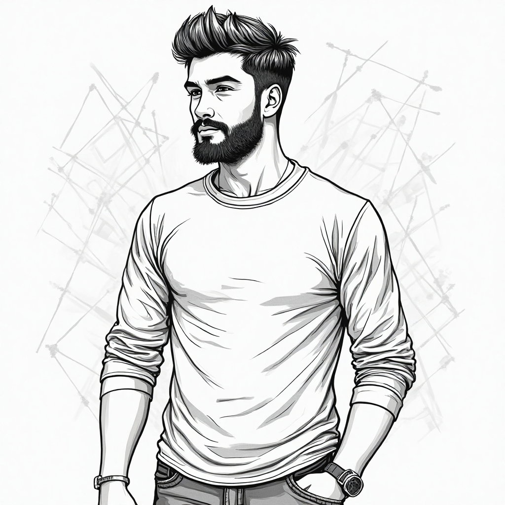AI-generated photo: **Line Art Illustration.** Depict a young man standing with a slight turn of his head, showcasing a ...