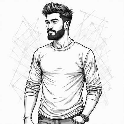 AI-generated photo: **Line Art Illustration.** Depict a young man standing with a slight turn of his head, showcasing a ...