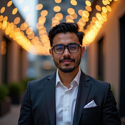 AI-generated photo: Professional headshot: Outdoor corporate terrace beneath a canopy of warm micro-fairy lights arrange...