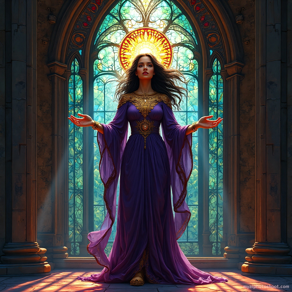 **Gothic stained glass design**. A dramatic scene unfolds within a cathedral, depicted through vibrant stained glass. The central figure, a woman with flowing raven hair, stands with arms outstretched, as if invoking some ancient rite. She wears a deep violet gown adorned with celestial motifs, and her expression is one of serene power. The intricate leadwork outlines create bold contrasts against the rich jewel tones: ruby reds, emerald greens, and sapphire blues. Beams of light from an unseen source permeate the glass, casting colorful reflections on the stone floor, enhancing the spiritual and romantic essence of the Gothic theme.