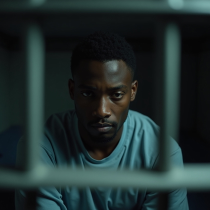 AI-generated photo: Photorealistic documentary-style close-up portrait showing a person sitting on a prison bunk, face p...