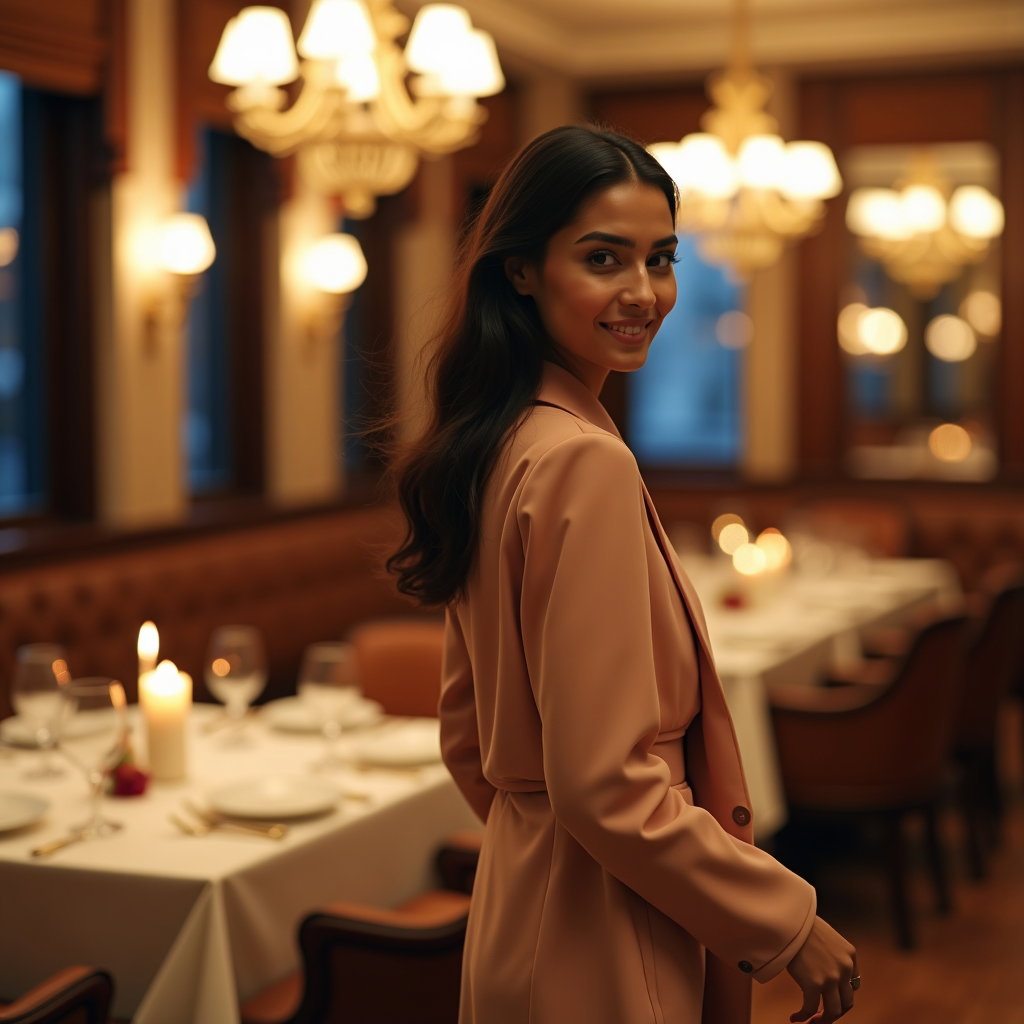 Birthday Dinner Solo Portraits That Feel Elegant example: Photorealistic portrait photography. Candid motion portrait in an upscale dining room, walking past the table while ligh