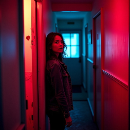 Back-Against-the-Door Panic Pose example: Cinematic horror portrait photo. Environmental portrait in a narrow motel hallway, with a solo subject backed against a