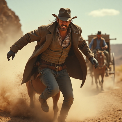 AI-generated photo: Cosplay dynamic action photo depicting a wild west outlaw in the throes of a daring stagecoach heist...