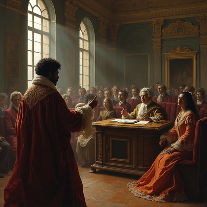AI-generated photo: Baroque oil painting. A dramatic and intimate courtroom scene unfolds in a richly appointed chamber,...