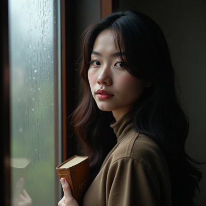 Melancholy Rainy Window Portrait example: Photorealistic portrait photography. Square profile/avatar crop framed from the shoulders up, positioned close to a fogg