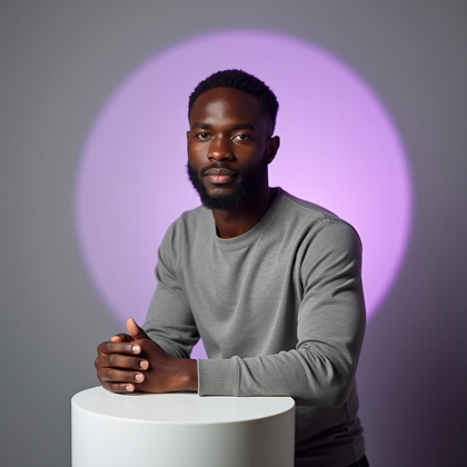 AI-generated photo: Professional studio portrait photo with the subject standing square to camera beside a tall matte pe...