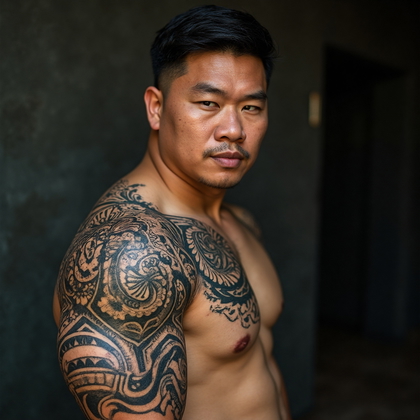 AI-generated photo: Photorealistic photography capturing a 32 years old Asian man with a larger build, featuring an intr...
