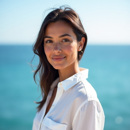 Minimal White Linen Portraits Against Blue Sea and Sky example: Photorealistic vacation portrait photography. Tight close-up portrait against an uninterrupted blue sea and pale sky hor
