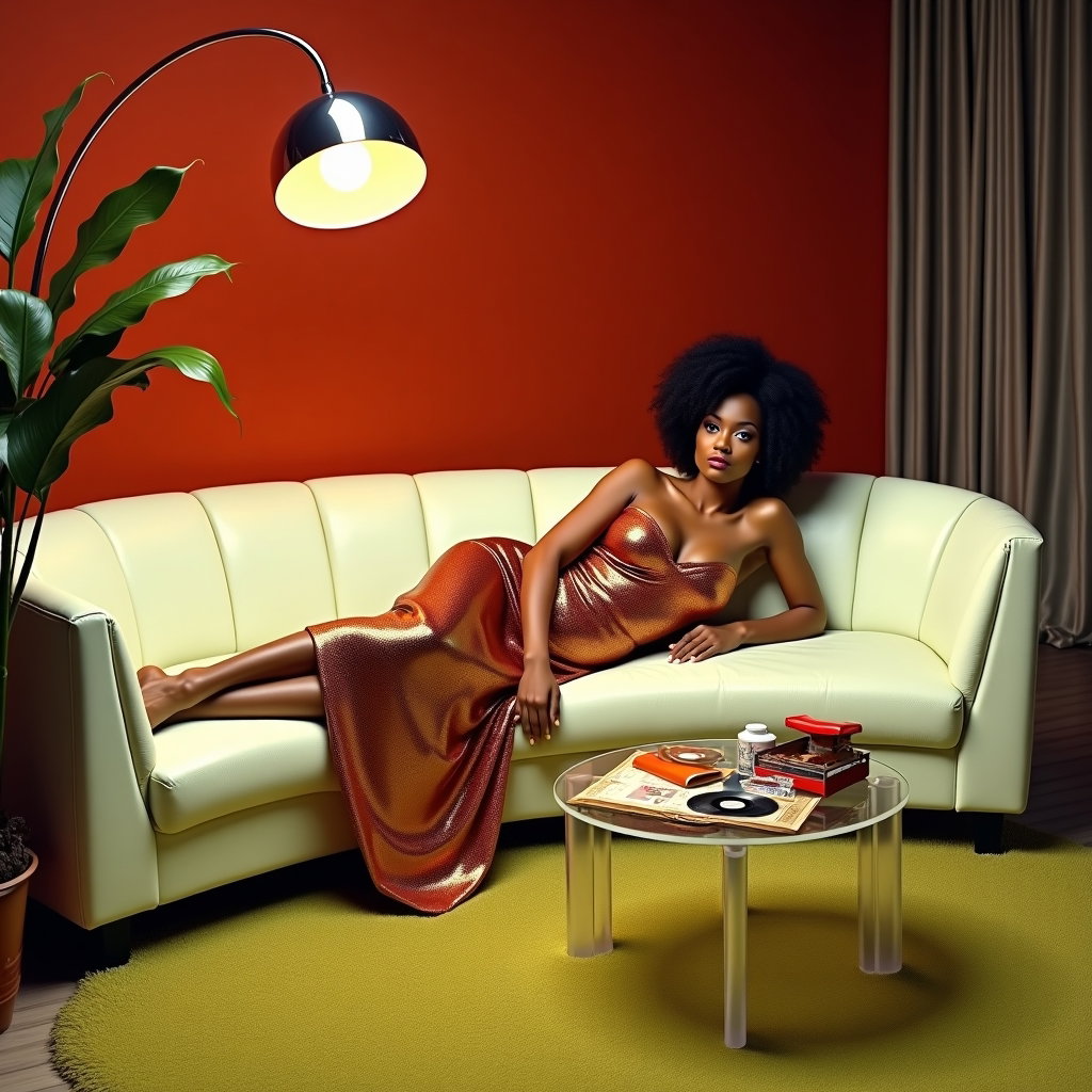 AI-generated photo: Photorealistic 1970s fashion photograph of a disco diva reclining in a sunken conversation pit with ...