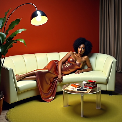 AI-generated photo: Photorealistic 1970s fashion photograph of a disco diva reclining in a sunken conversation pit with ...