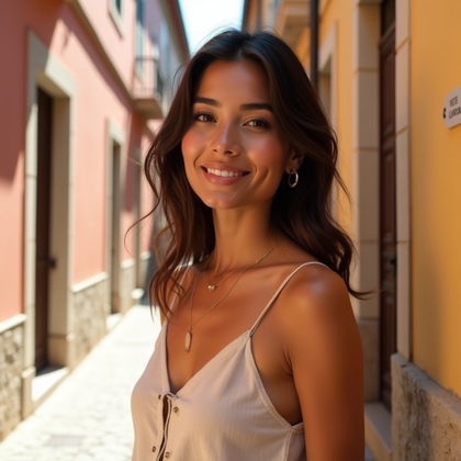 Old Town Alley Portraits With Pastel Walls and Stone Streets example: Photorealistic travel portrait photography, close-up portrait in a narrow Riviera old town alley, with a soft pastel wal
