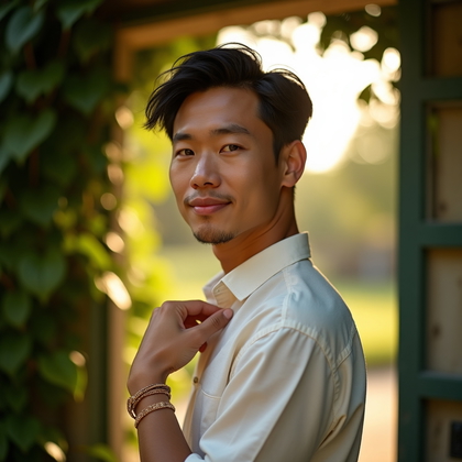 AI-generated photo: Photorealistic studio portrait photography styled as a garden doorway at golden hour, a softened lea...