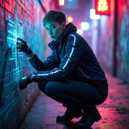 AI-generated photo: Cosplay dynamic action photo of a rebellious cyberpunk hacker infiltrating a high-security network i...