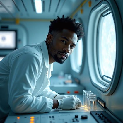 AI-generated photo: Photorealistic editorial portrait photography. An individual scientist is captured mid-task inside a...