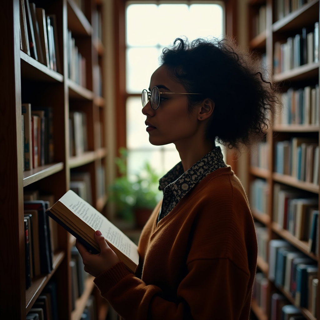 Bookstore Browse: Candid bookstore-browse portrait of one visible person seen through a gap in tall, overstuffed shelves, face in side profile and fingers…