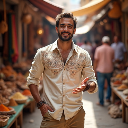 AI-generated photo: Travel Backdrop Portrait featuring a man in a bustling Moroccan market. The man is dressed in a ligh...