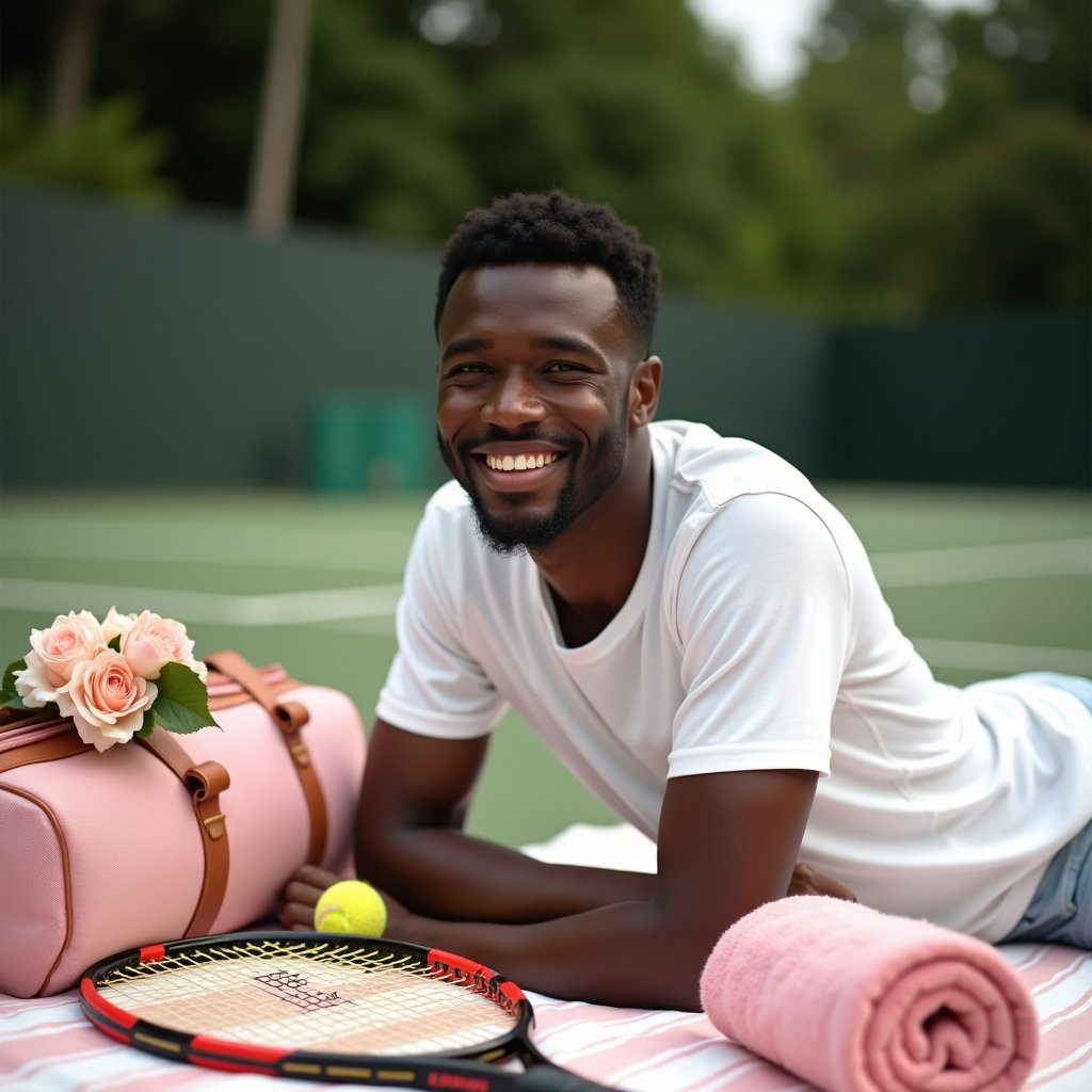 Romantic Soft-Focus Tenniscore Portraits example: Dating profile photo. Editorial hero image on a romantic courtside picnic setup, the subject seated on a striped blanket