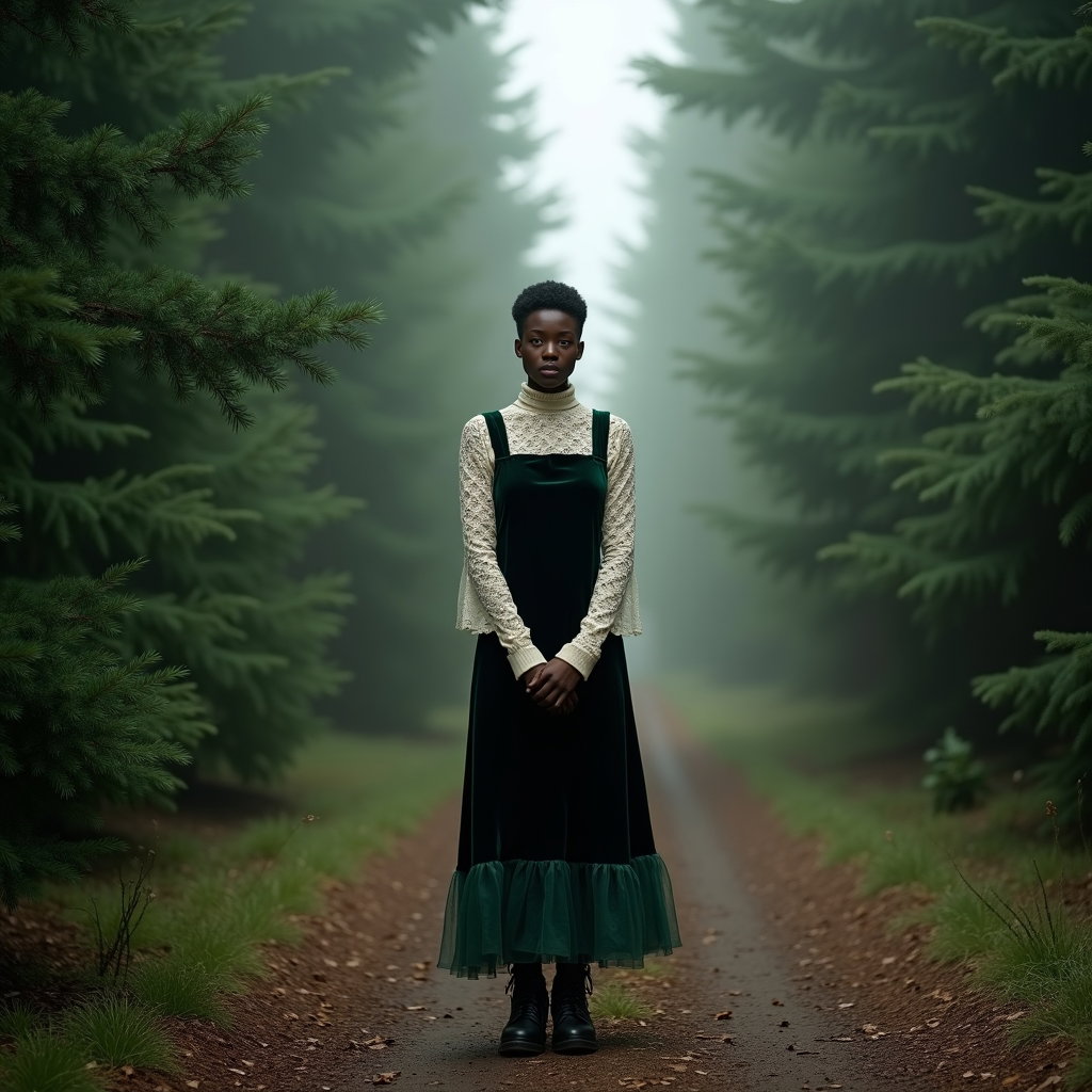 Portrait en pied sur un sentier forestier : photo en pied à l’ambiance mélancolique sur un chemin bordé de conifères, une personne centrée dans un tunnel de pins où le sentier se resserre et disparaît dans une pâle clarté diurne…
