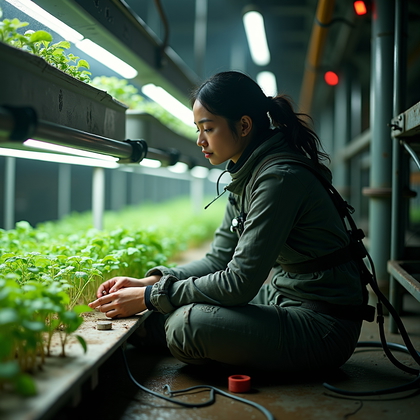 AI-generated photo: Photorealistic cinematic moon habitat portrait. A close-up survival image inside a hydroponics bay r...