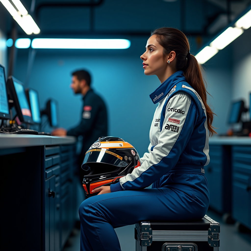 Post-Session Helmet-in-Hand Portrait example: Photorealistic motorsport portrait photography. Environmental paddock portrait inside a quiet garage, the driver seated