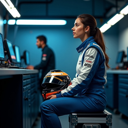 Post-Session Helmet-in-Hand Portrait example: Photorealistic motorsport portrait photography. Environmental paddock portrait inside a quiet garage, the driver seated