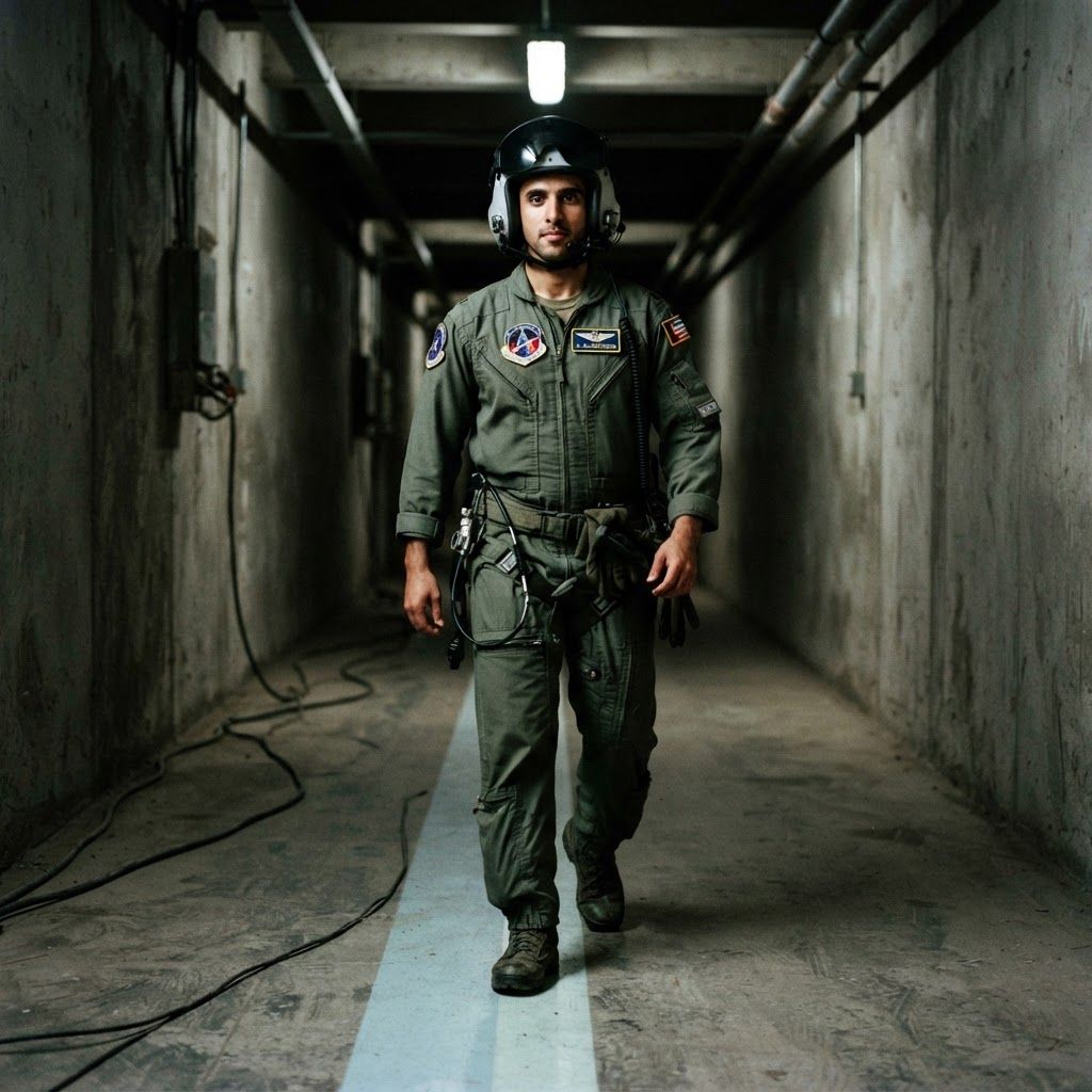 Astronaut in a Concrete Corridor: Full-body personal photo from a slightly low viewpoint in a long, bare concrete passage.