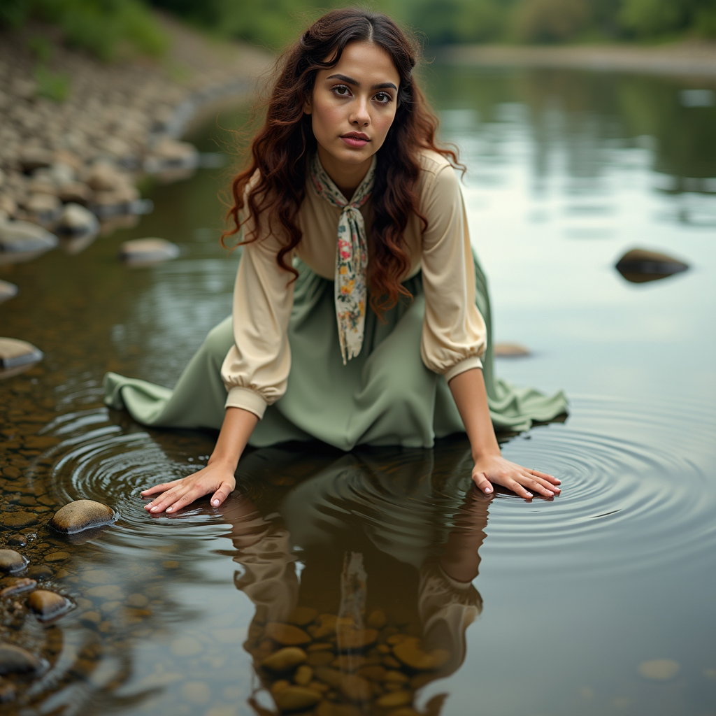 Reflet au bord du ruisseau : portrait au bord du ruisseau pris en légère plongée, avec une seule personne visible agenouillée sur la berge, de sorte que les mains semblent presque rencontrer leur reflet dans l’eau.