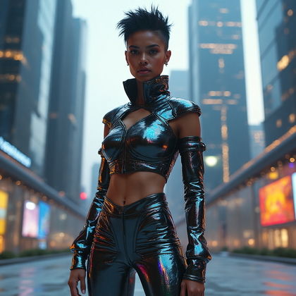 AI-generated photo: Futuristic character photo featuring an avant-garde fashionista in a striking, asymmetrical outfit c...