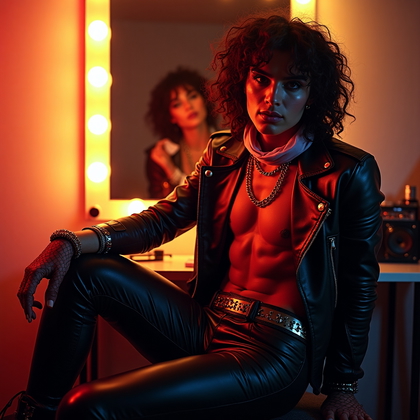 AI-generated photo: Photorealistic 1980s glam rock studio portrait photograph in a backstage dressing-room set, subject ...