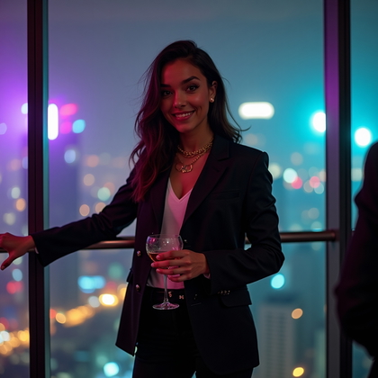 AI-generated photo: Photorealistic cinematic portrait photography. In a sleek, glass-walled rooftop lounge at night, wit...