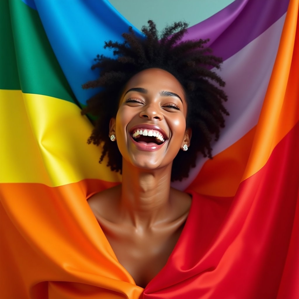 Queer Joy Laughing Portraits example: Photorealistic editorial hero portrait photography. A bold Pride Month hero image with the subject laughing confidently