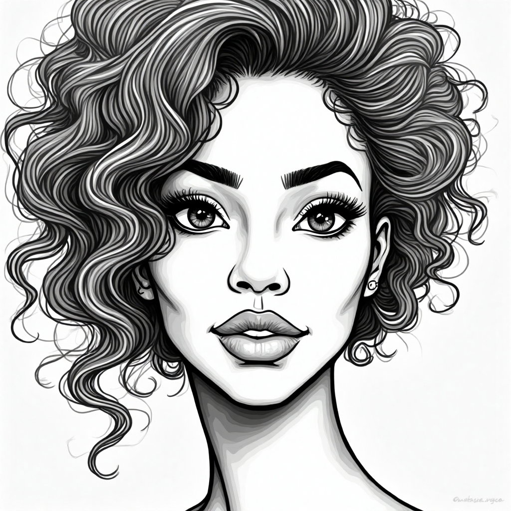 AI-generated photo: Line art illustration. Design a close-up of a 28-year-old Black woman with natural curly hair, focus...