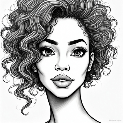 AI-generated photo: Line art illustration. Design a close-up of a 28-year-old Black woman with natural curly hair, focus...