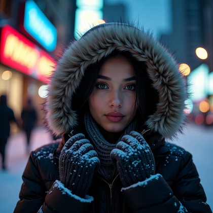 AI-generated photo: Photorealistic winter lifestyle portrait. Nighttime downtown scene with neon reflections bouncing of...
