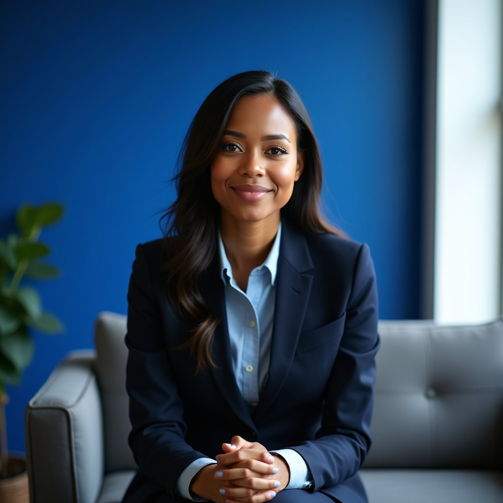 Pride Profile Picture Headshots With One Bold Color example: LinkedIn photo. Half-body portrait in a modern office lounge with a bold cobalt blue accent wall behind the subject, sea