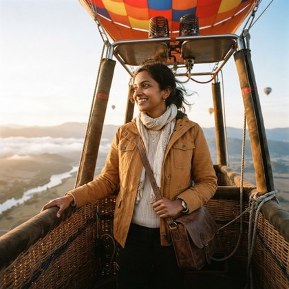 A single subject stands in a hot-air balloon basket, one hand gripping the woven rim and the other holding a leather satchel strap. An ochre flight jacket and cream scarf suit the patchwork balloon overhead. Golden dawn light falls across distant hills and low clouds; slightly low-angle medium portrait, dreamy travel photography.