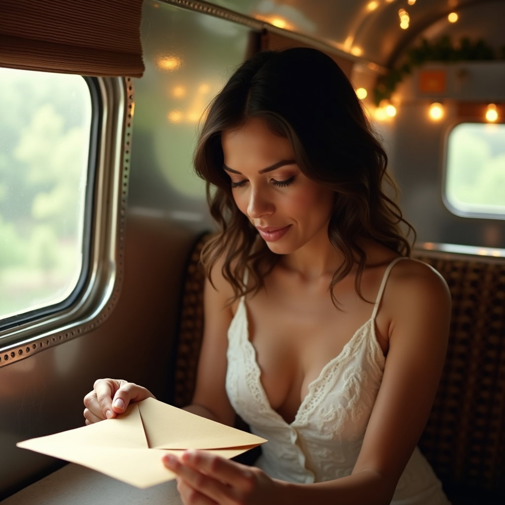 AI-generated photo: Photorealistic wedding photography of a quiet letter moment inside a vintage Airstream prep lounge, ...