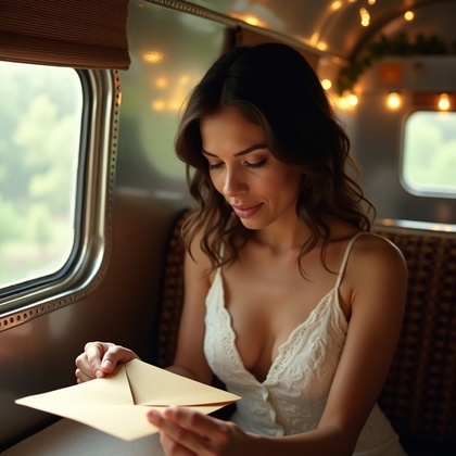 AI-generated photo: Photorealistic wedding photography of a quiet letter moment inside a vintage Airstream prep lounge, ...